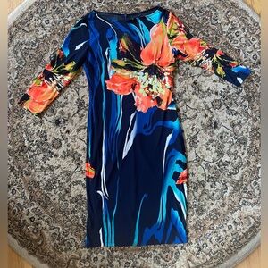 Navy Floral Sheath Dress with Vibrant Orange Blooms